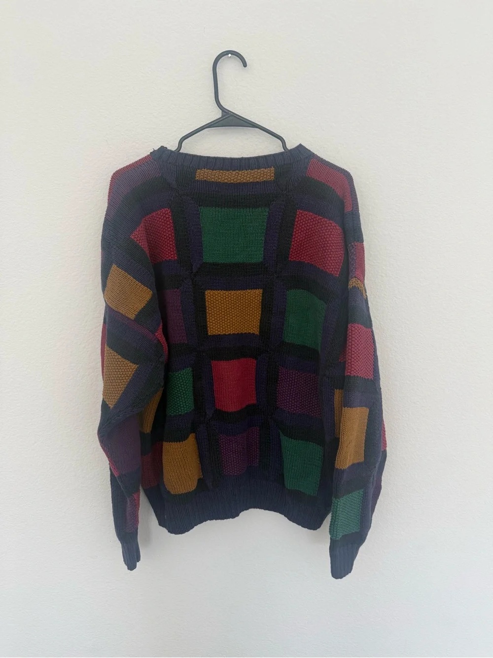 Vintage Cricket Colorblock Sweater 90s Hand Knit Cotton Grid Multicolor Sz L